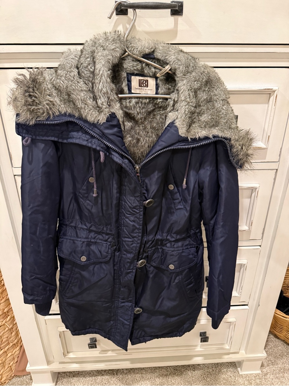 Laundry By Shelli Segal Navy Coat with Gray Faux-Fur Trim